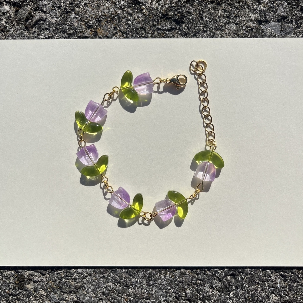 Purple Tulip Bracelet With Leafy Green Accents (Gold Stainless Steel)
